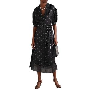 NWT Dyvna Black Floral Chiffon Trim Hammered Silk-Satin Midi Dress